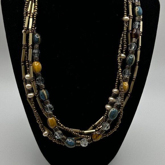 Vintage Premier Designs 5 strand gold tones and glass beads necklace. - Picture 2 of 8